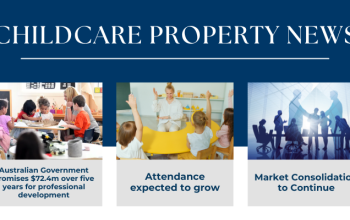 A news graphic titled "CHILDCARE PROPERTY NEWS" featuring three articles: funding for professional development, growth in attendance, and continuing market consolidation.