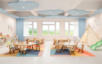 Interior of a modern empty preschool classroom.